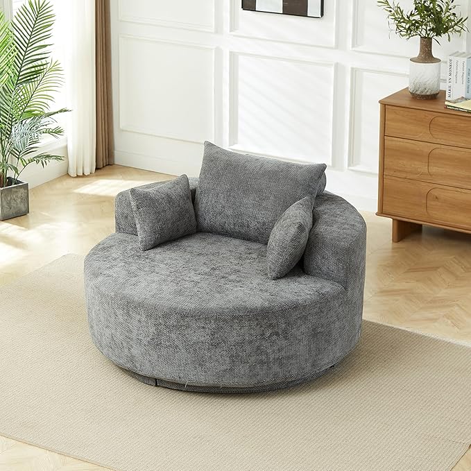 KEIKI 55 Oversized Swivel Accent Chair Chenille Barrel Chairs Upholstered Round Swivel Chair Single Sofa Armchair Sleeper Chair for Living Room Lounge Grey