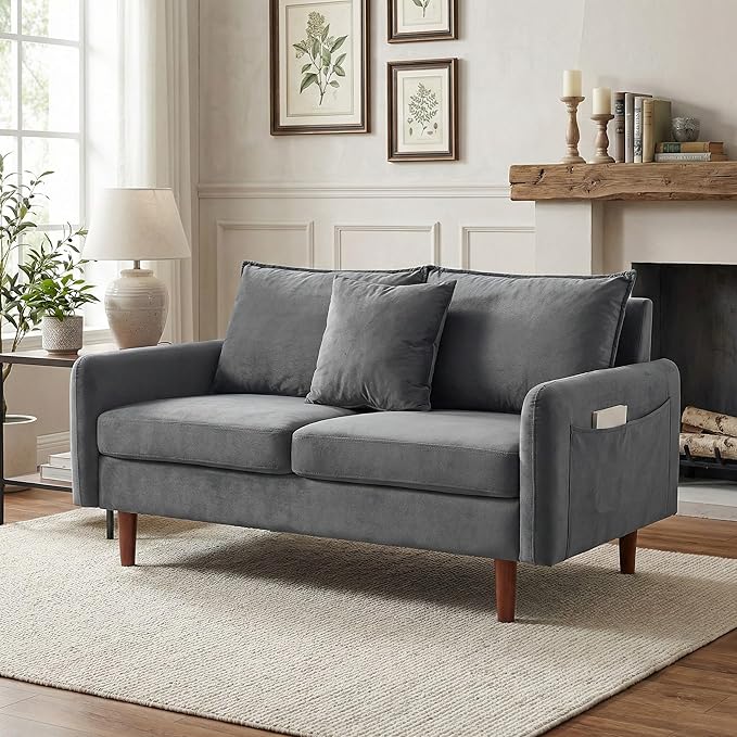 56.1 Round Arm Velvet Loveseat with Side Pockets and a Square Pillow (Grey) | Side Storage Pockets Pillow Included