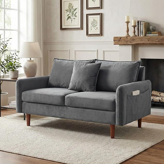 56.1 Round Arm Velvet Loveseat with Side Pockets and a Square Pillow (Grey) | Side Storage Pockets Pillow Included