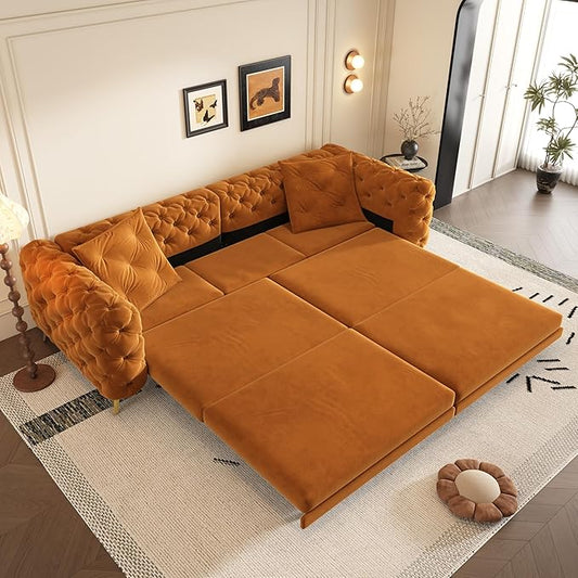 97.7'' Velvet Pull Out Sofa Bed King with Ottoman 3-in-1 Convertible Sleeper Sofa Couch Modern Tufted Deep Seat Couch with Pillows Comfy Couches for Living Room Orange