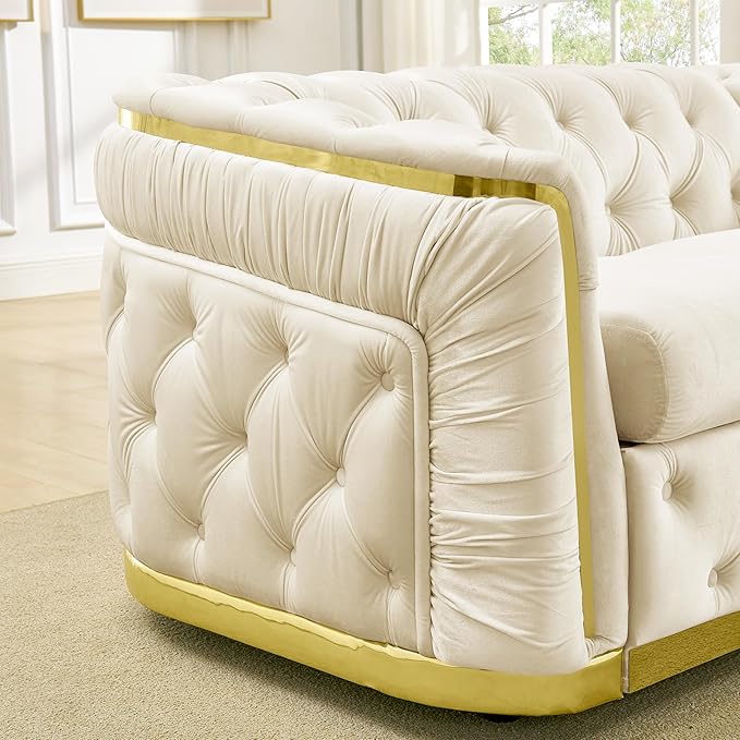 KEIKI 63 Luxury Oversized Velvet Chesterfield Sofa with 2 Pillow &amp Gold Stainless Decoration Italian Modern Style 2-Seater Button Tufted Couch with Rolled Arms Easy Assembly for Living Room B