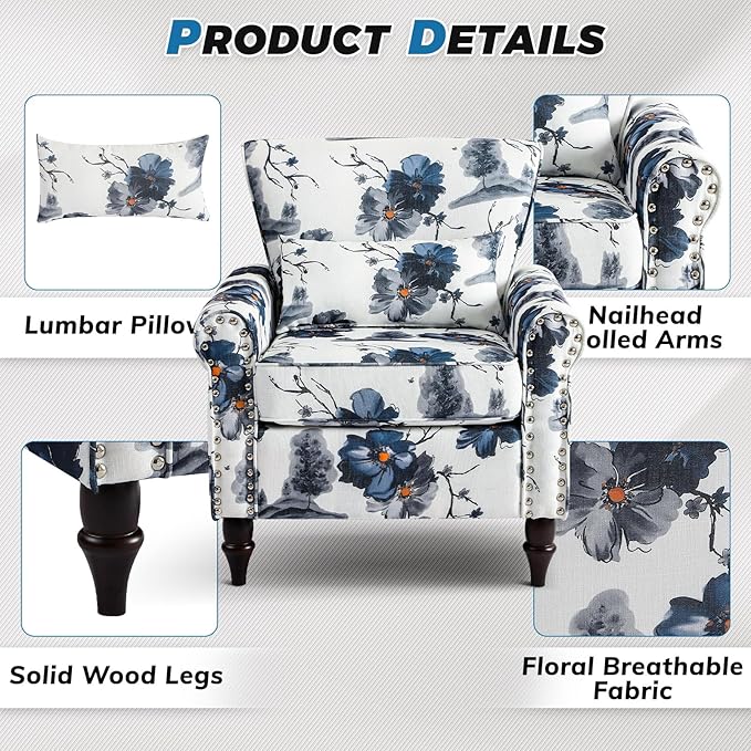 Floral Accent Chair with Lumbar Pillow Retro Wingback Armchair with Nailhead Trim &amp Rolled Arms Modern Linen Fabric Upholstered Recliner for Living Room Bedroom Reading Chair Easy Assembly