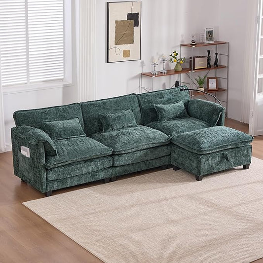 KEIKI 110 L-Shaped Boucle Modular Sectional Chenille Sofa with 1 Ottoman &amp Memory Foam Cushion &amp Phone Holder &amp USB Upholstered Oversized 4-Seater Couch Easy Assembly for Living Room