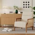 Aklaus Mid Century Accent Chair with Rattan Armrest Upholstered Living Room Chairs Lounge Fabric Reading Chairs Side Sitting Farmhouse Chair for Living Room Bedroom Balcony Beige