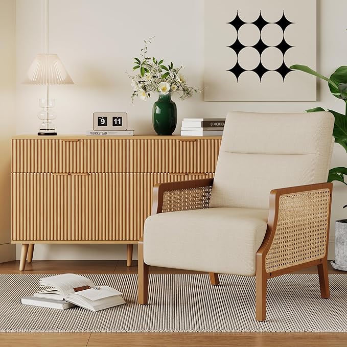 Aklaus Mid Century Accent Chair with Rattan Armrest Upholstered Living Room Chairs Lounge Fabric Reading Chairs Side Sitting Farmhouse Chair for Living Room Bedroom Balcony Beige