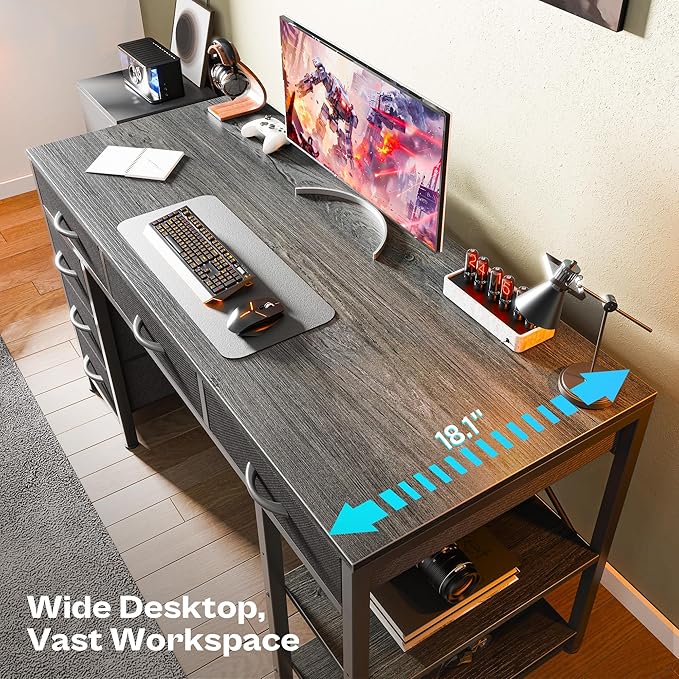 Huuger Computer Desk with 6 Drawers Office Desk with Shelves Reversible Gaming Desk Corner Desk with Storage Work for Home Office Study Living Room 47inch Gray