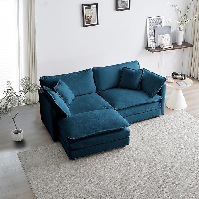 kevinplus 70'' Blue Loveseat Sofa Couch with Convertible Ottoman for Living Room Modern Contemporary 2-Seat Sofa Couch for Bedroom Apartment Small Spaces Chenille Fabric (Loveseat + 1 Ottoman)