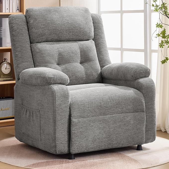 Power Recliner Chair for Adults Oversized Electric Recliner with Thickened Cushions Chenille Fabric Reclining Chair for Living Room Bedroom LightGrey