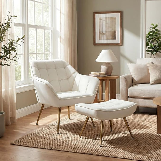 Beige Velvet Accent Chair with Ottoman Modern Reading Chair with Ottoman Set Comfy Fuzzy Armchair Living Room Chair Lounge Chairs with Metal Legs for Small Spaces Bedroom Apartment