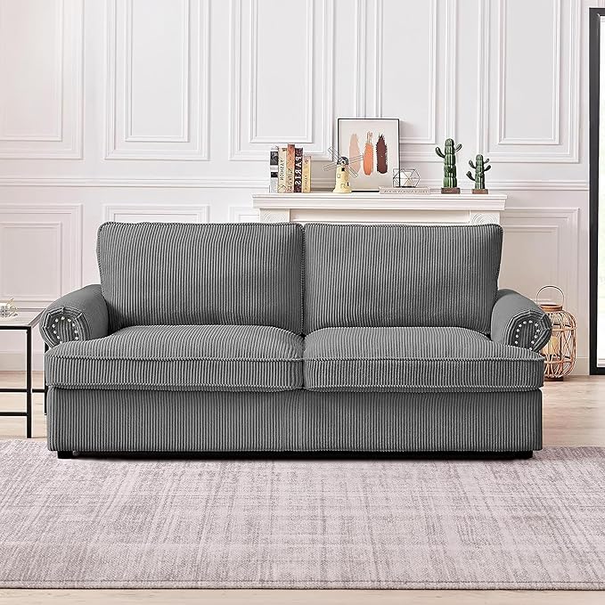 Reversible Sleeper Sofa Bed with Comfortable Memory Foam Mattress Convertible Corduroy Full Size Pull Out Couch for Living Room Space Saving Furniture 76 Wide Rounded Arms Grey