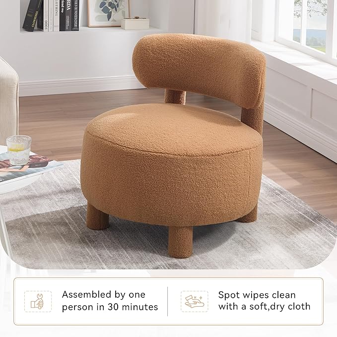 Dgcoab Upholstered Club Chair Curved Back Accent Single Sofa Solid Wood Legs Comfort Single Reading Lounge Sofa Boucle Accent Chair for Living Reading Bedroom Brown