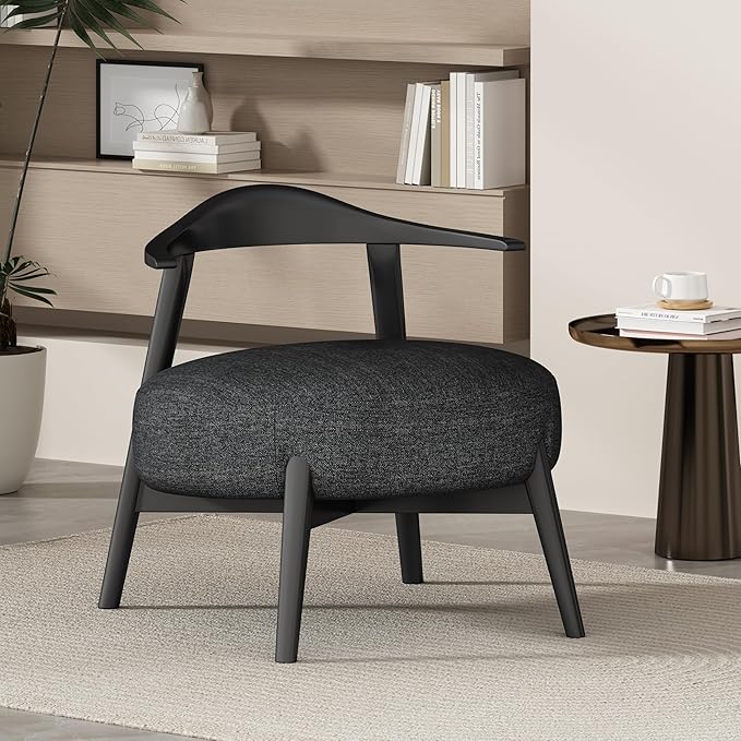 Merax Low-Back Accent Chair Mid Century Modern Upholstered Chair with Curved Backrest for Living Room Bedroom Boucle Fabric Birch Wood Supports 300lbs Black