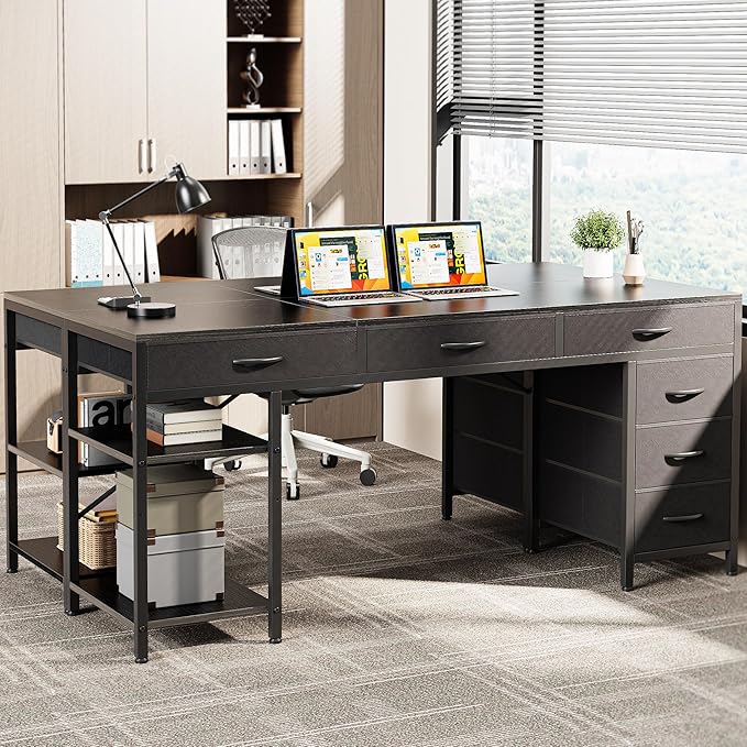 Huuger Computer Desk with 6 Drawers 63 Inch Office Desk with Shelves Reversible Gaming Desk Corner Desk with Storage for Home Office Study Living Room Black