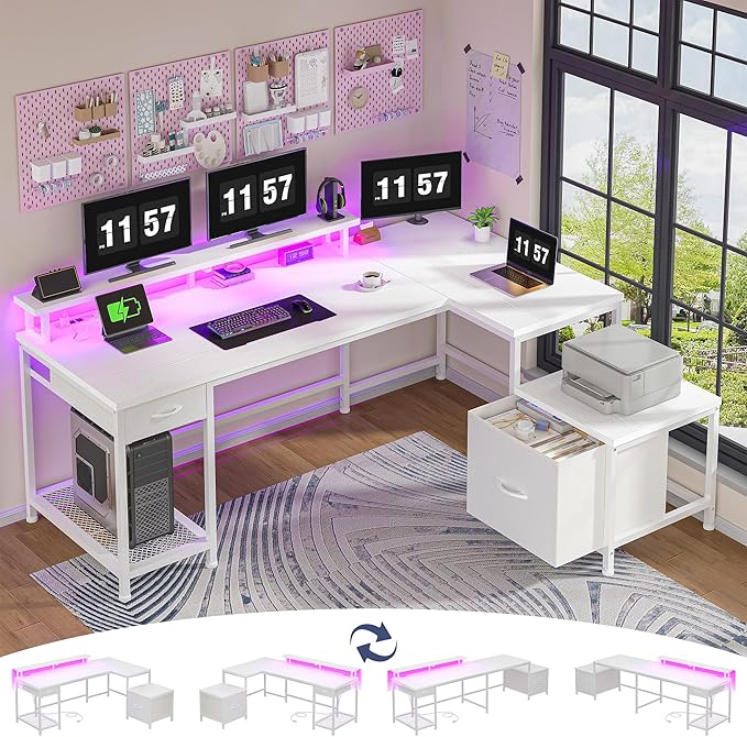 96.5'' Computer Desk with Drawers Gaming Desk with LED Lights &amp Monitor Shelf Office Desks with Power Outlets L Shaped White Corner Desks for Home Office Study Room and Bedroom White