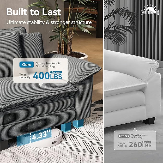 L Shaped Modular Cloud Couch 157.5'' Oversized Corduroy Sectional Sofa with Wider Armrest and Ottoman Upholstered 5-Seat Modern Deep Seat for Bedroom Living Room Grey