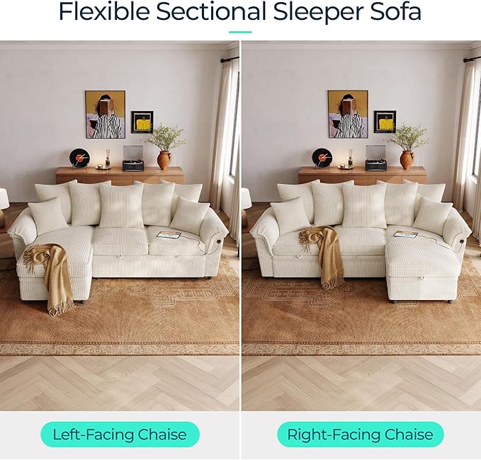 LINSY HOME 90.5'' Sectional Sleeper Sofa with Pull Out Couch Bed Modular (Beige 90.5'') | USB Charging Pillow-style Armrest Multiple Cushions Storage Chaise Corduroy Fabric
