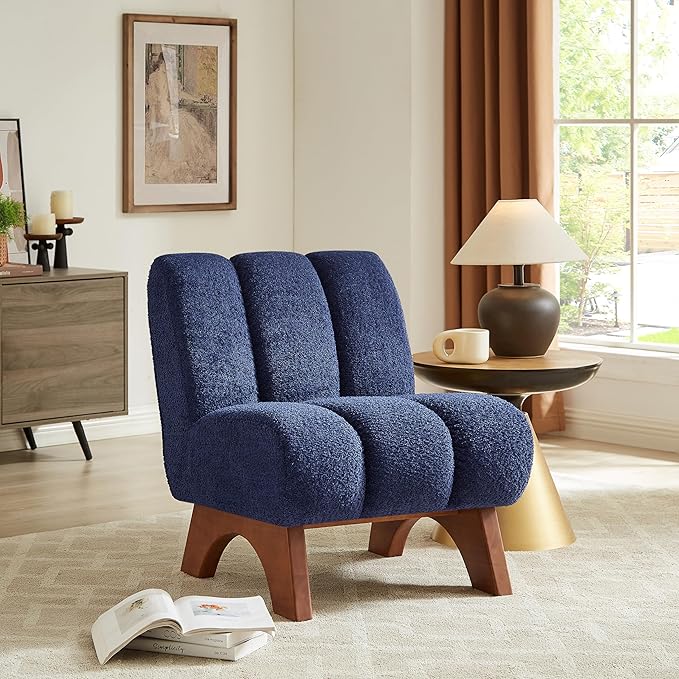Art Leon Modern Accent Chair Sherpa Fabric Modular Single Sofa Chair Armless Chair with Wooden Legs for Living Room Bedroom Blue