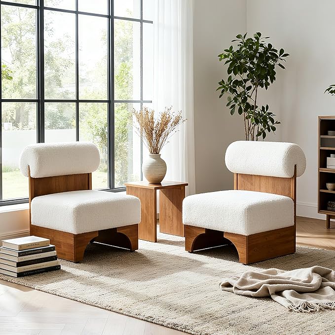 Christopher Knight Home Nadine Accent Chairs Set of 2 Boucle Club Chair Upholstered Lounge Chair Rolled Backrest Accent Chairs Solid Wood Legs Frame Single Sofa for Living Reading Room Beige