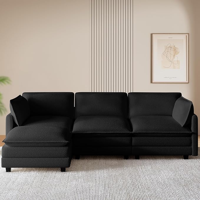 ROWHY 112'' Modular Sectional Cloud Couch with Movable Ottoman 4 Seat Modern Chenille Sofa with 2 Throw Pillows Deep Seat L Shaped Couch for Living Room Bedroom Apartment Black | Arrange Freedom P