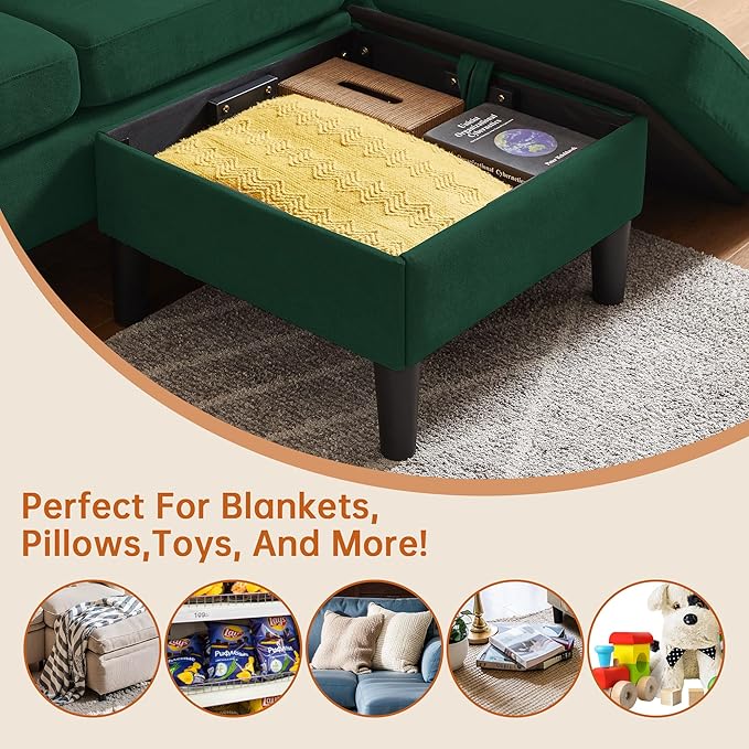 Convertible Sectional Sofa Set Modern L Shaped 3 Seat Sofa with Reversible Ottoman and Accent Chair Linen Sectional Couches for Living Room Green
