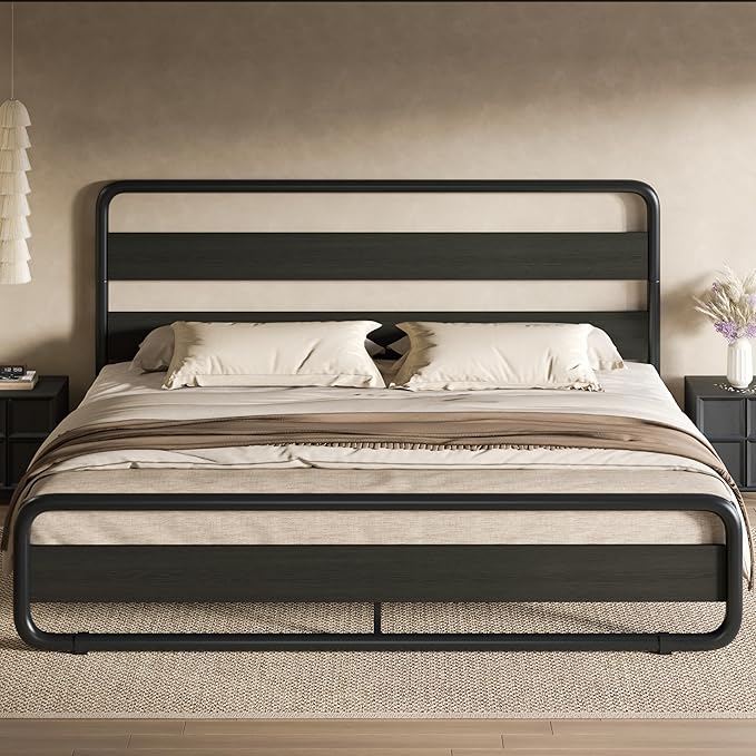 SHA CERLIN Full Size Metal Bed Frame with Wooden Headboard and Footboard Heavy Duty Oval-Shaped Platform Bed Frame with 10 Under-Bed Storage Noise Free No Box Spring Needed Black