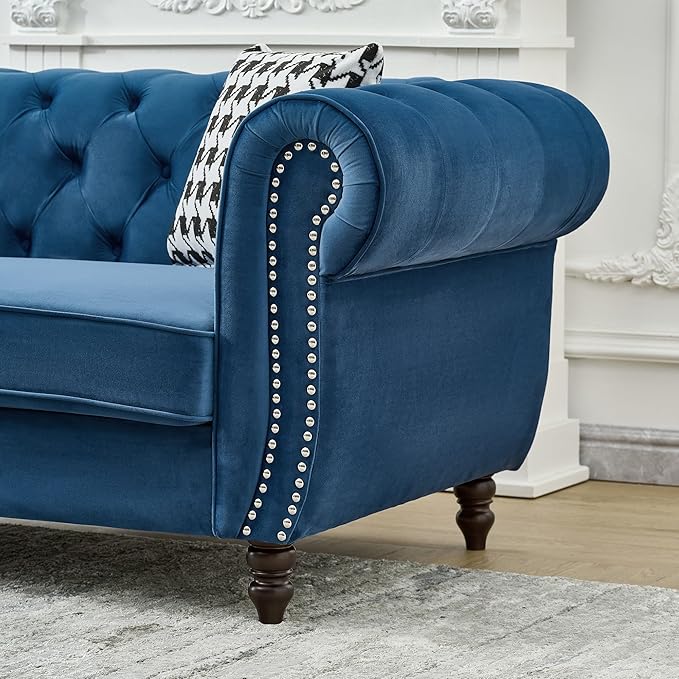 Loveseat Velvet Fabric Two- Seater Couch Buckle Design and Rivet Decoration Deep Seated Double Sofa Suitable for Living Room Bedroom Apartment Hotel etc (blue-01)