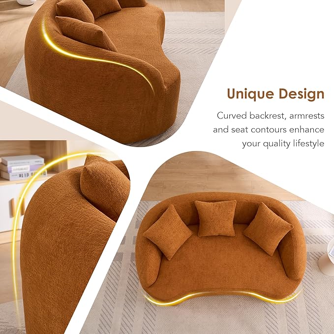 65” Beige Curved Couch&amp Loveseat Sofa with 3 Pillows Compression Couch with Round Armrest Suitable for Small Space Bedroom Living Room Memory Foam Chenille No Assembly (Upgraded Orange)
