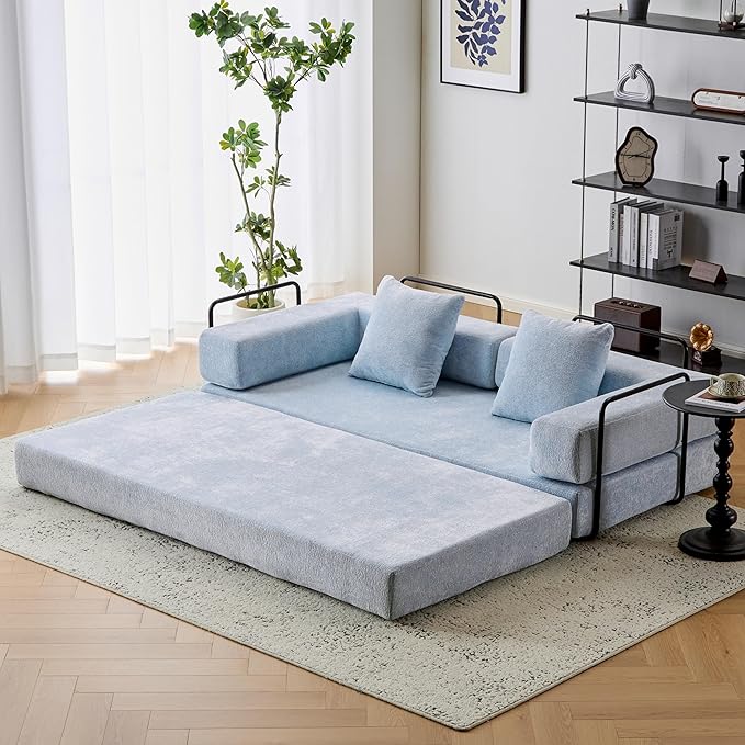 Convertible Sleeper Sofa Bed with Fixed-Shape Frame Floor Sofa Lounge Couch with Cylindrical Pillow Chenille Folding Mattress Couch for Living Room Bedroom-Light Blue