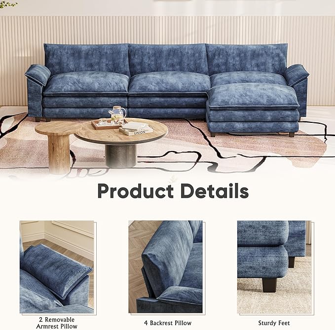 Furniwell 119 Modular Couch 3-Seat Sofa with Reversible Ottoman Cloud Couch L Shaped Sofa with Deep Seat Chenille Sectional Couches for Living Room