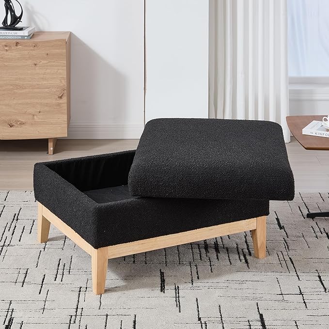 Wood Base Accent Arm Chair with Ottoman and Bolster PillowsStorage Footstool with Reversible Lid Coffee Table for Living Room Office (33.86W Black Foot Stool+Natural Base)