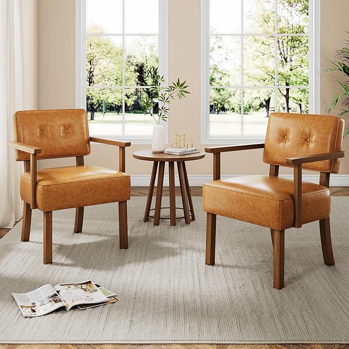 Garvee Mid-Century Accent Chair Set of 2 with Wood Frame PU Leather Upholstered Lounge Arm Chair with Classic Button Tufting Reading Leisure Chair for Living Room Bedroom Balcony Brown