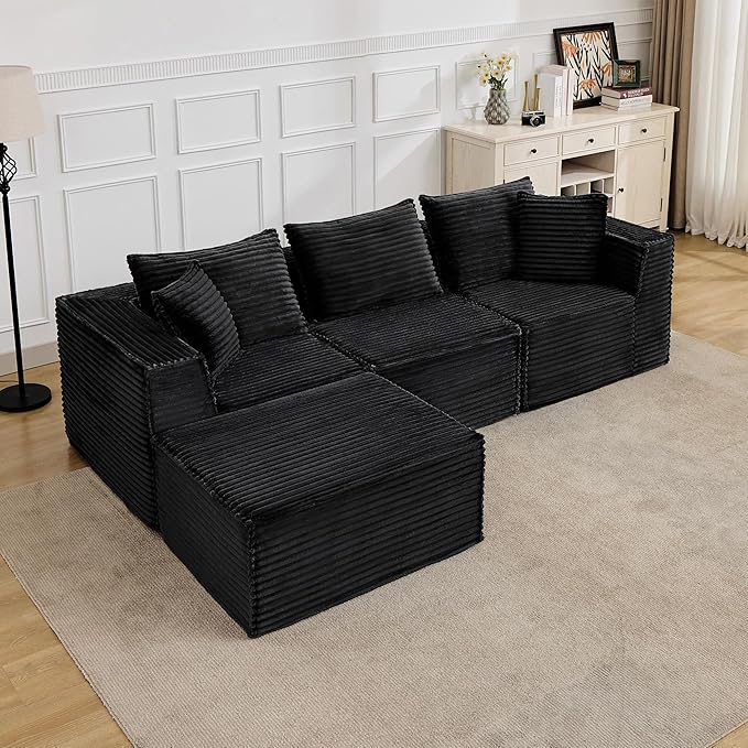 107 Modular Sectional SofaModern Cloud Sectional Couch with Deep Seat L-Shape Boneless Couch with Chaise for Living Room Apartments Bedroom No Assembly Required (3 Seater + 1 Ottoman)Black