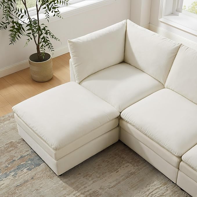 VANOMi Modular Ottoman Seat Sectional Sofa Cube Footstool for Sofa Set Ivory White Terry