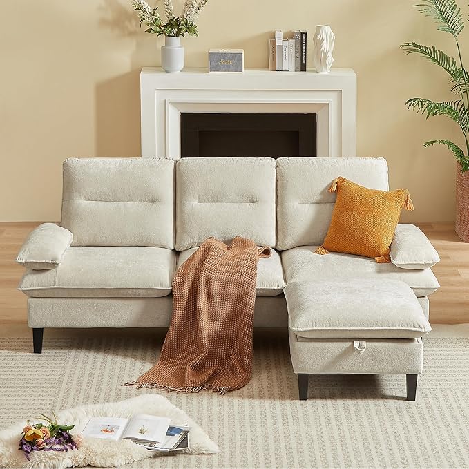86'' Chenille Sofa with Storage Ottoman Modern Living Room Sofa with Removable Washable Cushion 3 Seater Comfy Couch for Apartment Bedroom Office (Beige)