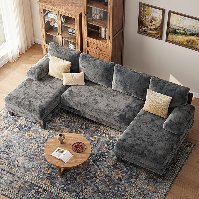 Sectional Couches for Living Room | 112 Inch U-Shaped Sectional Couch | 4 Seat Sofa Set with Double Chaise for Apartment | Dark Grey Chenille