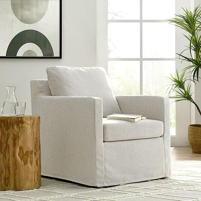 Modway Serene Swivel Accent Armchair in Linen - Modern Fabric Upholstered Chair - Slipcovered Armchair - Swivel Chair for Living Room or Bedroom