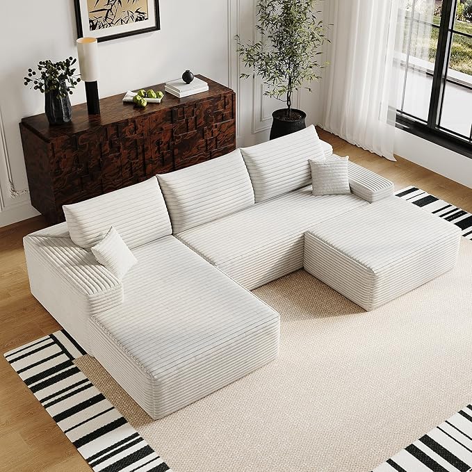 108 W Corduroy Sectional Boneless Cloud Couch with Chaise &amp Ottoman No Assembly Required U Shaped Modular Sectional Sofa Cozy Fluffy Sofa for Living Room (White Left Facing Chaise+Ottoman) |