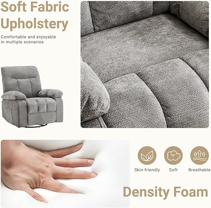 Rocker Swivel Recliner Chair for Adults Single Reclining Sofa Chair with Heated and Full Body Massage Lounge Recliner Glider for Small Living Room Bedroom Light Gray