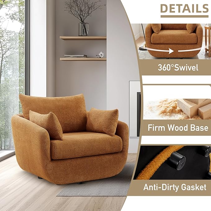 360° Swivel Accent Armchair Set of 2 39.3 Oversized Sherpa Boucle Fabric Sofa Chair with Removable Back &amp Arm Pillows Swivel Chairs with Cozy Soft Padded Curry