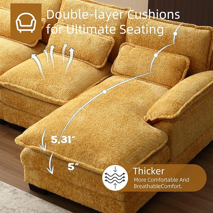 U Shape Sectional Sofa Cloud Couch 110.6 Modern Chenille Comfy Modular Couch 4 Seat Upholstery Sofa with Double Chaise for Living Room Yellow
