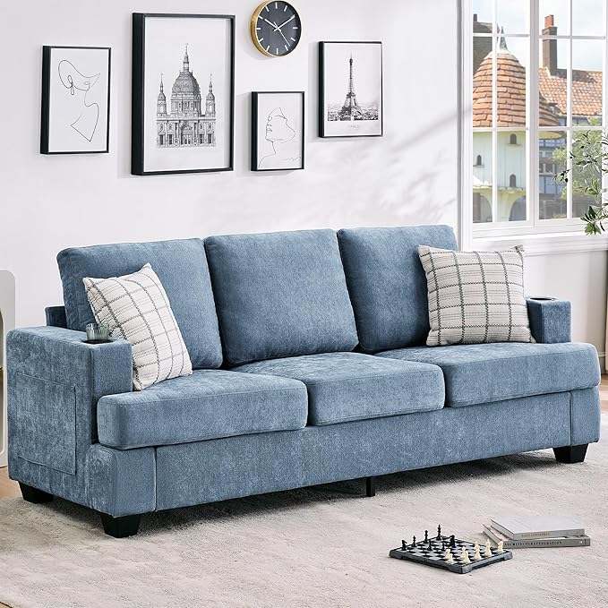 Garvee 89 Modern Sofa for Living Room 3-Seater Comfy Couches with Deep Seat Chenille Couch with Cup Holders and Side Storage Pockets for Apartment Lounge Blue