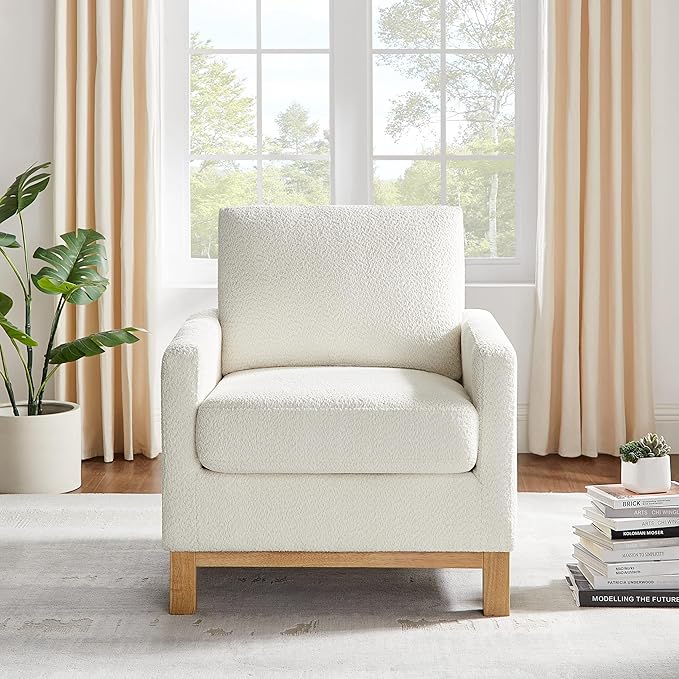 VANOMi Accent Chair 29.5 Reading Chair Modern Living Room Chair with Thick Cushion&ampWood Base Comfy Upholstered Boucle Armchair Single Sofa for Bedroom Office White