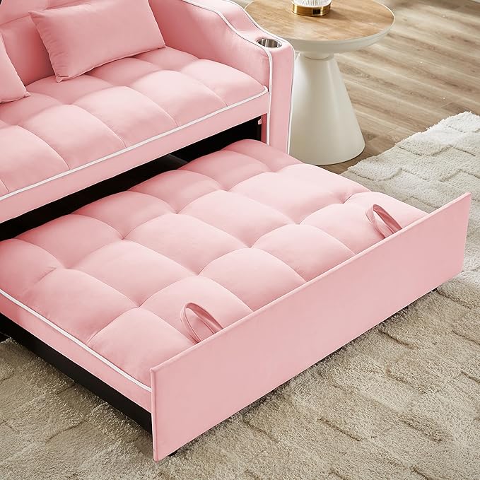 SLEERWAY 3-in-1 Convertible Futon Sofa Bed Chair Multi-Functional Sleeper Chair Bed with Pull Out Couch and Adjustable Backrest Modern Velvet Chaise Lounge Loveseat for Living Room Bedroom Pink