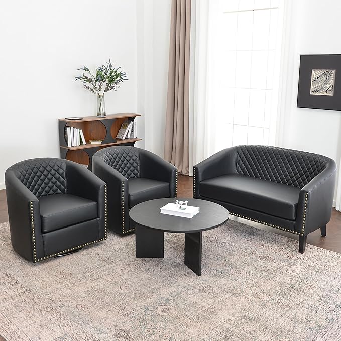 KINWELL 50 Faux Leather Upholstered Loveseat Sofa with 2 Swivel Barrel Accent Chairs Minimalist Comfy 2-Seater Couch and Armchair for Small Spaces Apartment Black
