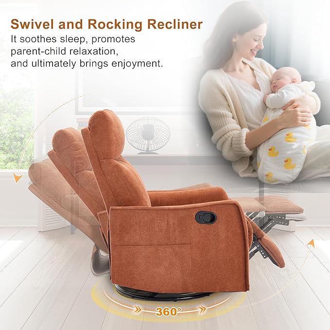 Manual 360° Swivel Rocker Recliner Chair for Adults Overstuffed Glider Chair for Nursery with Vibration Massage and Heat Comfy Soft Fabric Glider with Side Pockets for Living Room Orange