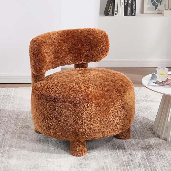 Accent Chair for Living Room Mid-Century Armchairs for Small Spaces Teddy Upholstered Comfy Reading Armchair with Studded for Bedroom (Khaki-Fur)