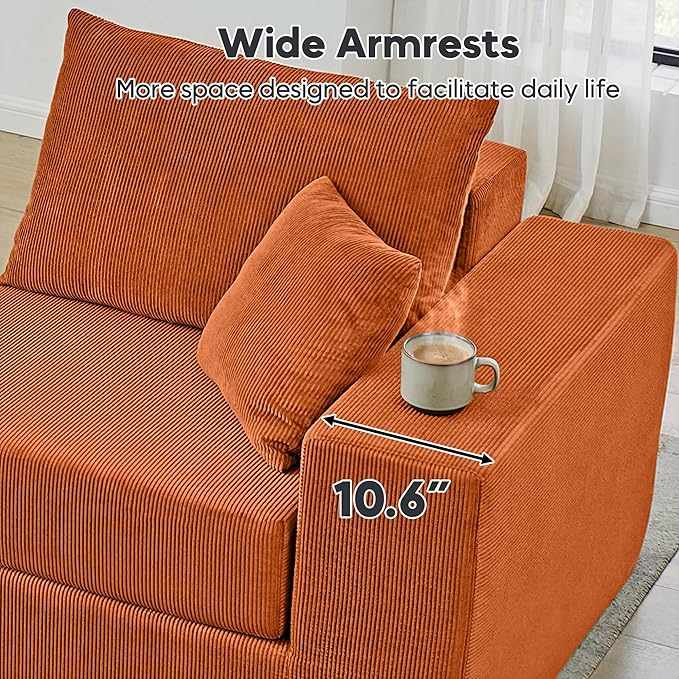 Modular Cloud Sectional Sofa Couch for Living Room Comfy Corduroy Sleeper Sofa Bed with Reversible Chaise Modern L-Shaped Sleeper Couch Bed with Deep Seat Orange