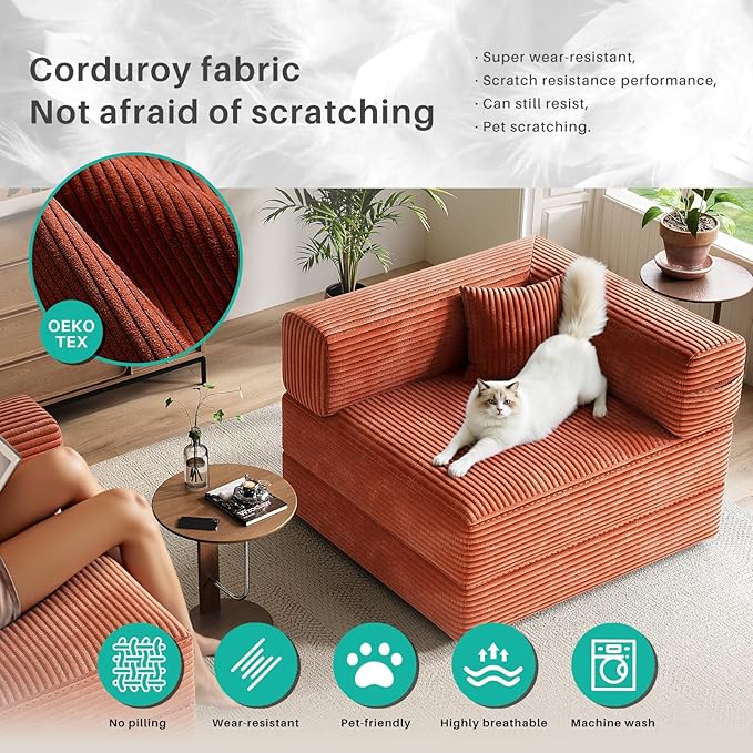 78 Compressed Convertible Sofa Bed Modular Corduroy Loveseat Sleeper with Fixed-Shape Frame Folding Mattress Couch with 2 Pillows for Living Room Bedroom Small Spaces No Assembly Needed Orange