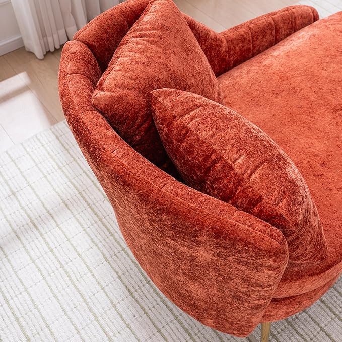 Modern Curved Chaise Lounge Chair Indoor 58 Chenille Lounge Sofa with Left Armrest &amp Lumbar PillowsUpholstered Leisure Recliner Chair with Removable Storage Footstool for Living Room (Red)