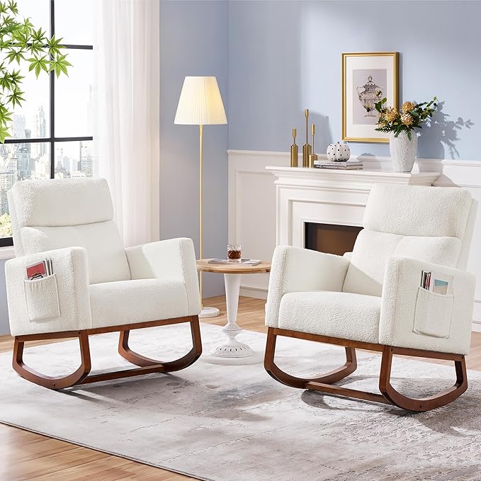 Yaheetech Boucle Living Room Chair Modern Upholstered Rocking Accent Chair Glider Chair Nursery Chair with Side Pocket and High Back Armchair for Living Room Bedroom Lounge Ivory